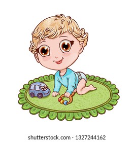 Cute chibi boy crawls and plays with a rattle on the green round rug for the children's room. Vector character in anime style suitable for children's magazine or coloring book