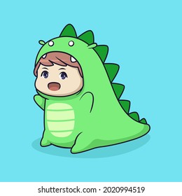 Cute Chibi Boy In Dino Costume Illustration