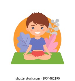 Cute chibi boy doing yoga on background with pattern. Cartoon flat style. Vector illustration