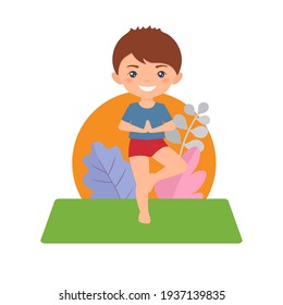 Cute chibi boy doing yoga on landscape background. Cartoon flat style. Vector illustration