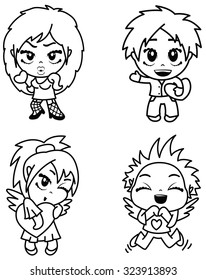 Cute chibi boy and girl characters set with valentine heart. Romantic couples doodle line art vector illustration. Design element for Valentine's Day cards, stickers, backgrounds, t-shirts and posters