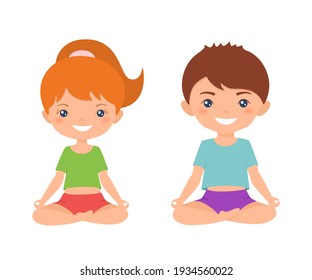 Un niño y una niña que practican yoga aislados en el fondo blanco. Caricatura de estilo plano. Ilustración del vector
