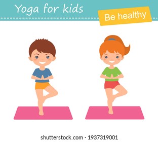 Cute chibi boy and girl practice yoga isolated on white background. Cartoon flat style. Vector illustration