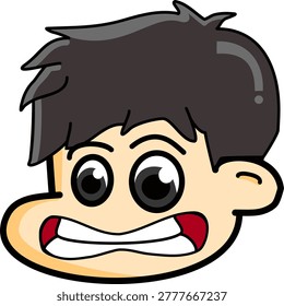 Cute chibi boy head character with funny on edge face isolated on white background