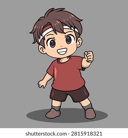 A cute chibi boy with large sparkling eyes and a bright cheerful smile, wearing a red t-shirt, dark brown shorts, gray socks, brown shoes, and a red and white headband. He is standing in a confident energetic pose with one fist raised on a plain gray background. The cartoon illustration features clean lines, vibrant colors, and a playful sporty style reflecting Indonesian Independence Day spirit.