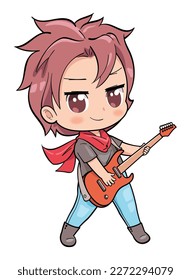 Cute chibi boy playing electric guitar, kawaii cartoon character ilustration.