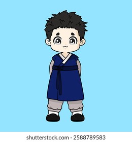 A cute chibi boy is wearing a Hanbok, the traditional Korean outfit.