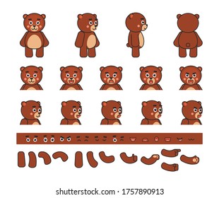 Cute chibi brown bear creation kit. Create your own pose, action, animation. Vector illustration