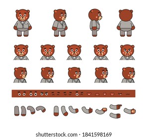 Cute chibi brown bear in grey suit creation kit. Create your own pose, action, animation. Vector illustration