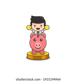 cute chibi businessman with coins and pig savings. vector illustration
