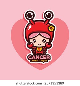 cute chibi cancer zodiac with heart background