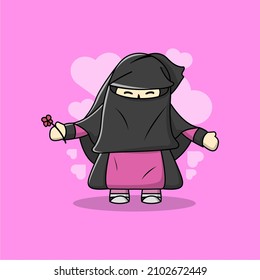 cute chibi cartoon character in hijab on pink background