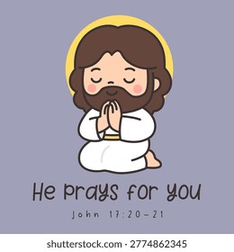 Cute chibi cartoon Jesus kneeling and praying with halo and Bible verse on purple background