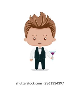 Cute chibi character bartender boy with vest, and drinking glass