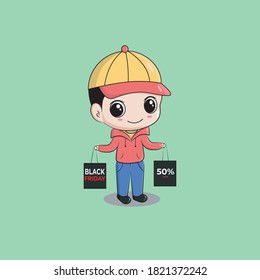 Caracteres de Chibi de Cute con Ilustración de vectores de bolsos de Viernes Negro. Carácter Chibi Cartoon de mascota. Estilo De Caricatura Plano Adecuado para Página De Aterrizaje Web, Cartel, Volante, Pegatina, Tarjeta Y Promoción