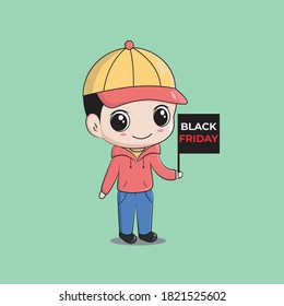 Cute Chibi Character With Black Friday Letter. Vector Mascot Cartoon Illustration