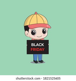 Cute Chibi Character With Black Friday Letter. Vector Mascot Cartoon Illustration