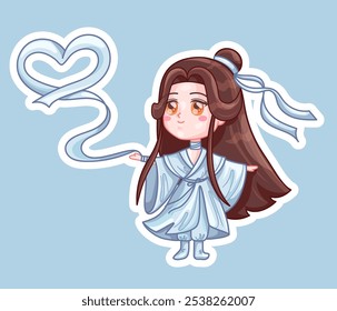 Cute chibi character, Chinese celestial god. Cartoon anime kawaii character. Vector sticker.