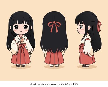 Un lindo diseño de personaje chibi de un Miko, una doncella del santuario, que se muestra desde el frente, la espalda y las vistas laterales.