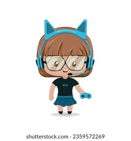 A cute chibi character gamer girl with glasses, headphones, and joystick