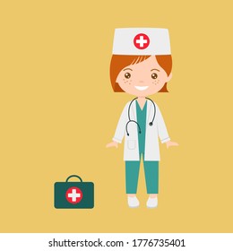 Cute chibi character girl in medical suit. 
 Professions for children. Flat cartoon style. Vector illustration