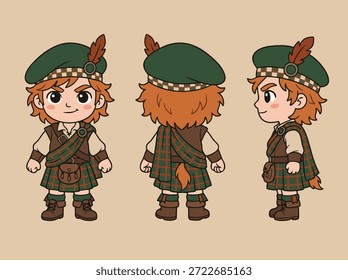 Um personagem chibi bonito de um Highlander escocês, mostrado de frente, de trás e vistas laterais.