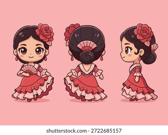 Un lindo personaje chibi de un bailarín español con un vestido de flamenco rojo, mostrado desde tres ángulos diferentes.