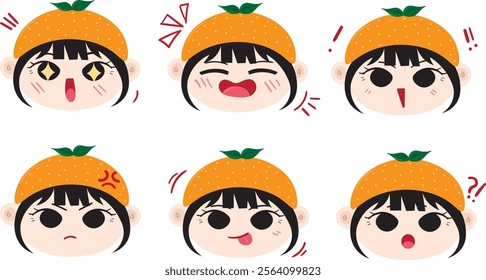 Cute chibi character with various expression. impressed, happy, laugh, suprised, angry, funny, confused. Orange girl vector ilustration 