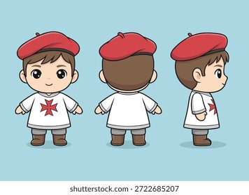 Un lindo personaje chibi con una boina roja y una túnica blanca con un emblema de la cruz roja, que se muestra desde el frente, la espalda y el costado.