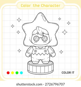 Cute chibi character wearing a star costume standing on a pedestal, designed as a black and white coloring page for kids. Editable and printable vector illustration suitable for children activity books, coloring worksheets, educational materials, and creative projects.