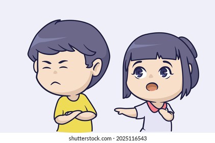 The cute chibi couple and the boy are fussy with the girl