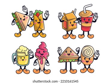Cute chibi couple food cartoon character doodles. Bundle of best friends vector Illustrations