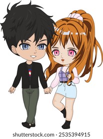 Casal chibi bonito segurando mãos caminhando lado a lado chibi personagem vetor