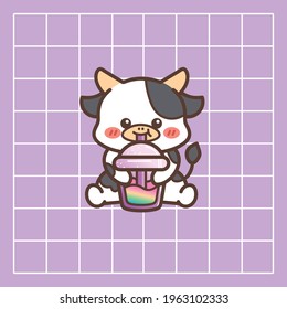 cute chibi cow drink milk tea simple cartoon vector illustration