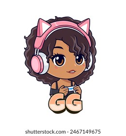 Cute chibi curly african american gamer girl cartoon logo icon 