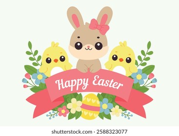 Cute chibi Easter bunny with a bow and two cheerful chicks behind a “Happy Easter” banner. Surrounded by colorful flowers and a decorated egg, this adorable illustration is perfect for Easter cards, i