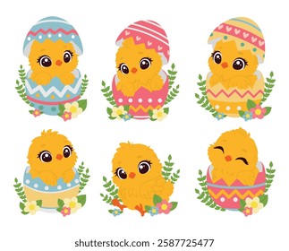 Cute chibi Easter chicks hatching from colorful decorated eggs surrounded by spring flowers and leaves. Vector illustration perfect for Easter cards, stickers, prints and holiday decorations. Set of c