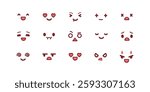 Cute chibi faces. Kawaii anime facial expressions, manga style face emotions and big eyed character eyes, mouth and eyebrows. Asian cartoon emotes vector set.