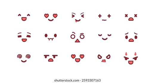 Cute chibi faces. Kawaii anime facial expressions, manga style face emotions and big eyed character eyes, mouth and eyebrows. Asian cartoon emotes vector set.