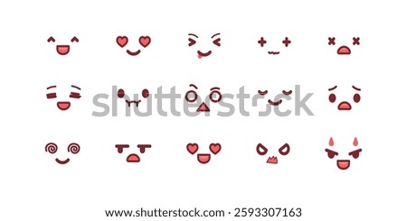 Cute chibi faces. Kawaii anime facial expressions, manga style face emotions and big eyed character eyes, mouth and eyebrows. Asian cartoon emotes vector set.