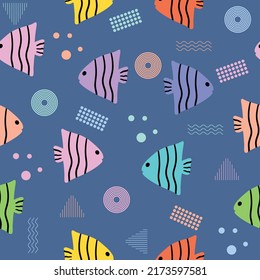 Cute chibi fish soft colorful seamless pattern doodle kids baby kawaii cartoon