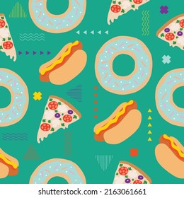 Cute chibi foods seamless pattern memphis doodle for kids and baby kawaii cartoon Premium Vector