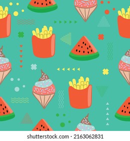 Comida de chibi sin fisuras patrón memphis doodle para los niños y la caricatura de kawaii bebé Premium Vector