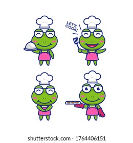 Cute chibi frog chef cartoon character mascot vector illustration set