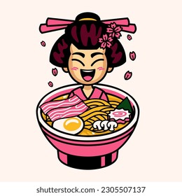 cute chibi geisha mascot noodle ramen logo