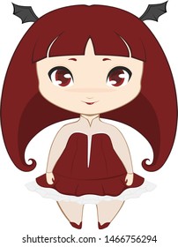 Cute chibi girl in an adorable, frilly succubus costume with little head wings.  Isolated vector art on a transparent / white background. 