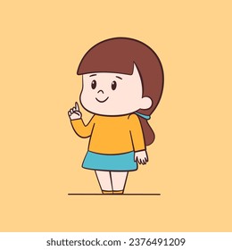 Cute chibi girl with attention sign, kawaii cartoon character illustration on yellow background.