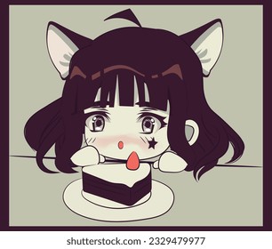 Cute chibi girl with cat ears and short dark hair. Retro style original character, Cat woman