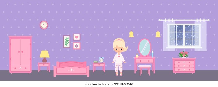 Cute chibi girl character in bedroom with pink furniture on purple background. Doll house interior concept. Cartoon flat style. Vector illustration