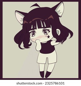 Cute chibi girl character. Chibi girl with dark short hair and cat ears. Retro style art